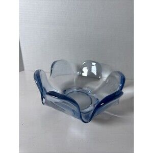Lovely Blue Glass Flower Shaped Art Glass Bowl 8.75” Thick Blue Tinted Glass